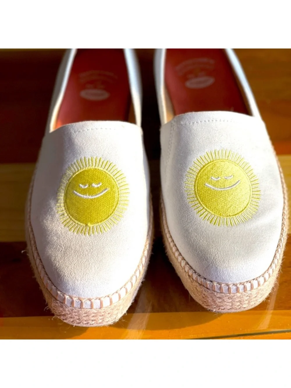 Dr. Scholl's White Espadrille Loafers with Yellow Sun Motif